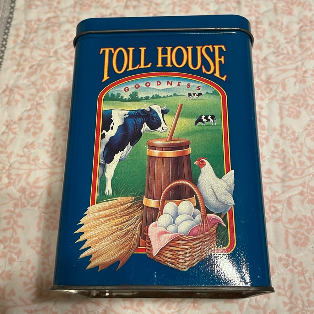 Nestle Toll House Cookies vintage teal color, Tin Can. Has nice bright graphics.
